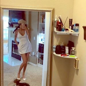 White satin mini pocketed dress $110